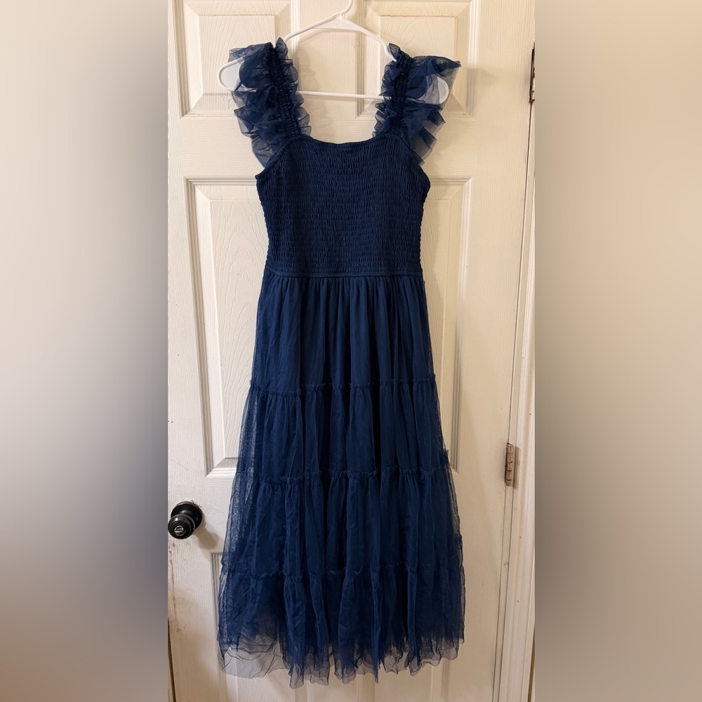 PrettyGarden Navy Blue Tulle Midi Dress Smocked Bodice Ruffle Straps